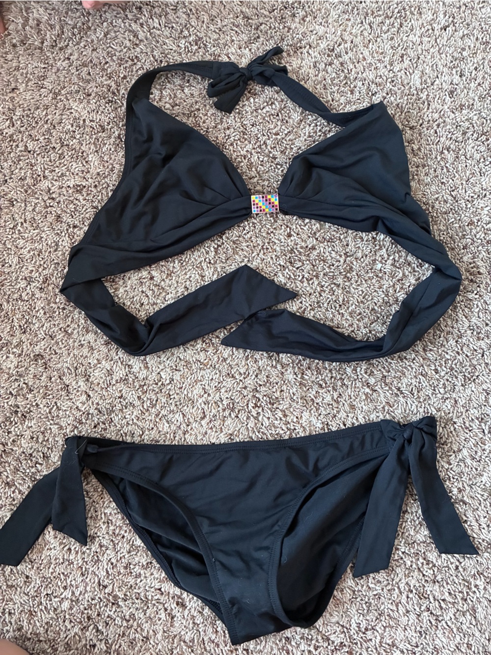 Perry Ellis Black Bikini Set with Multicolor Square Detail